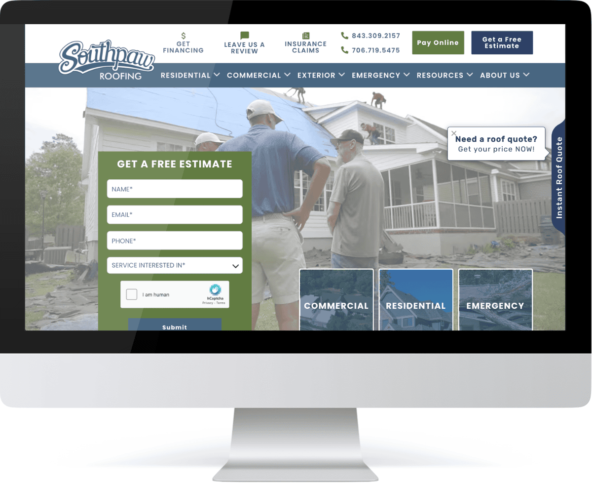 southpaw roofing website desktop mockup