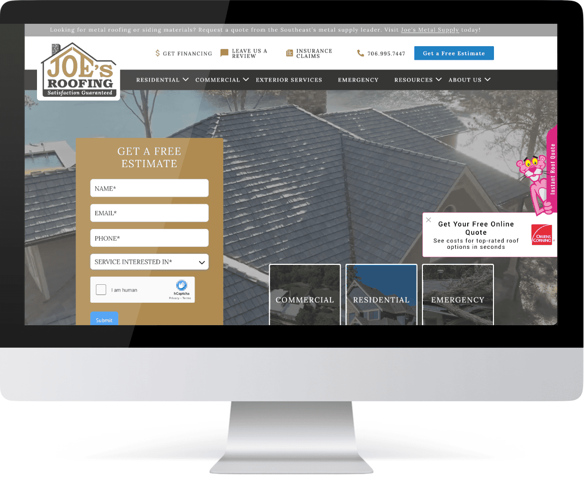 joes roofing website desktop preview